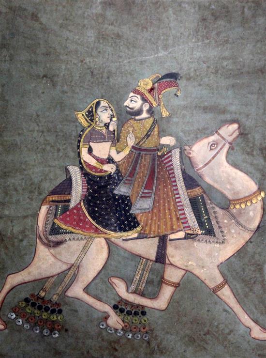 Indian School Study of a nobleman on horseback; a couple riding a camel and figures on a terrace at night largest 12.5 x 9.25in.